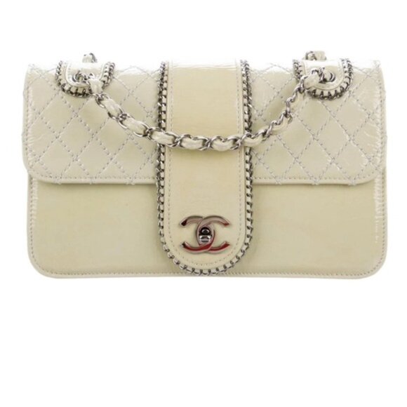 Chanel  Quilted Patent Leather Madison Double Flap Bag Chain Strap CC Logo Sage - Picture 1 of 9